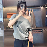 Korean Pure Cotton Oblique Shoulder Shoulder Two Short-Sleeved T-Shirt Women 2025 Summer Light And Cool Lazy Loose Top