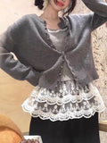 Korean Retro Gray Knitted Cardigan Sweater Coat Women Early Spring With Folding Design Sense Of Unique Top