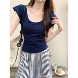 Blue Big Neckpeak Collar Collar Sexy Short-Sleeved Bamboo Festival Cotton Slim Thin T-Shirt Girl Small Flying Sleeve Repair Body