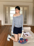 Korean Wearing A Collar Design With A Slanted Design Stripes Bumping Long-Sleeved T-Shirts For Women's 2026 Spring And Summer New One-Word Dew Shoulderwear
