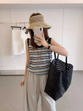 Red Striped U-Neck Vest Sling Women's Summer Wear Design Loose Short Knitted Shirt Thin
