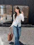 White Bow Tie V-Neck Long Sleeve With T-Shirt Women 2026 Autumn New Wooden Ear Bottom Shirt Top