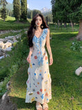French Print Lotus Leaf Dress Women Summer Beautiful Seaside Holiday Hot Girls Unique Beautiful Waist Long Dress