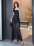 Black Sling Dress Dress High Sexy Famous Temperament Thin Mesh Splicing Irregular Long Dress Summer