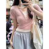 Fake Two V-Necks Front Shoulder Short-Sleeved T-Shirt Girl Spring And Summer New Splicing Bump Into The Color Of The Tight-D-Up Hot Girl Short Small Top