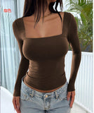 Dili 2025 Spring And Summer Y2K New Square Collar Long Sleeves Tight Casual Fashion Top Lady