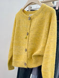 High-Grade Soft-Creative Yellow Knitted Cardigan Coat Women's Spring And Autumn Loose Short Small Lazy Long-Sleeved Sweater