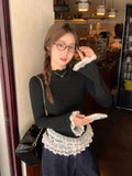 Sweet Temperament Lace Ear Lace Half-High Collar Long-Sleeved T-Shirt Women's Autumn And Winter Plus Velvet Warm Inside The Collar Blouse