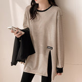 Pure Cotton Large Striped Long-Sleeved T-Shirt Women's Bottoming Shirt In Autumn And Winter With A Long Blouse Loose Belly Cover