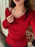 Pure Desire To Word Shoulder Collarbone Long-Sleeved T-Shirt Girl Autumn And Winter New Christmas New Year Red Inside The Bottom Of The Waist Top