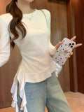 White Lotus Edge Irregular Hem Long-Sleeved T-Shirt Women 2026 Autumn Design Strap Folding Top