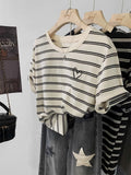 Crash Striped Short-Sleeved T-Shirt Women 2025 New Summer Loose Visky Retro Embroidery Top