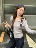 Korean Slanted Shoulder Strap Long-Sleeved T-Shirt Girl Early Autumn Wearing Folds And Folds And Irregular Bottoming Tops