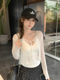 French With Sling Skirt Outside The Wooden Ear Long Sleeves Thin Sunscreen Shirt Tied With Knitted Open Shirt Women's Summer Top
