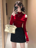 Red Small Open Shoulder Collar Knitted Bottom Shirt Woman With Autumn And Winter Unique French Sweet Hottie Top