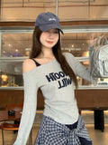 Slanted Shoulder Letter Print Long-Sleeved T-Shirt Girl 2026 Early Autumn New Folded Body Design Feel Shoulder Strap