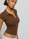 2025 Spring And Summer New POLO Collar Button Short Sleeve Tight Body Movement Waist-On-Upwear
