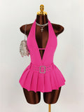 New Fashion Solid Color Body Sexy Waist Hanging Back Deep V Folded Short Dress Dress Dress Woman