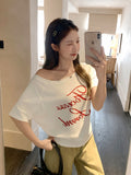 Pure Wind Summer Ootd Wearing An Oblique Shoulder Word Collar Short-Sleeved T-Shirt Female Out-Of-Shoulder Beautiful Letter Print Top