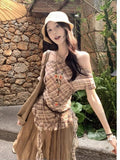Irregular Ribbon Lattice Oblique Shoulder T-Shirt Girls Summer Vintage Checkered Waist Repair Cic Single Special To Short-Sleeved Top