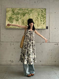 Ink Print Sling Skirt Summer Girl Retro Folded Texture Loose Sleeveless Dress Long Skirt
