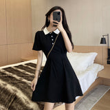 College Style POLO Collar Black Waist Temperament Dress Female 2025 Summer New Student Black Dress
