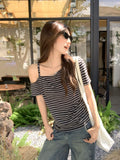 2026 Summer Beautiful Design With A Sense Of Color Stripes Unique Short-Sleeved T-Shirt Women's Oblique Shoulder-To-Shoulder Loose Chic Top