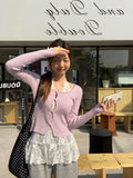 Korean Purple Low-Circle Collar Hollow Button Long-Sleeved Knitted Cardigan Women's Spring New Body To Put On The Bottom Of The Top