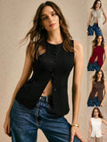 Summer Women's New Commute Simple Fashion Buttons Pure Color Vest Casual Collar Vest