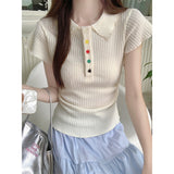 Cun Chic Color Button POLO Collar Short-Sleeved T-Shirt For Girls Summer Slimming Folded Waist Design Blouse