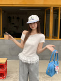 Lace Lace Spliced Short-Sleeved T-Shirt For Women's New Body-Repair Bow Design Tops In Summer 2026