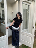 Black Lotus Leaf Side Splicing Short-Sleeved T-Shirt Women's Spring And Summer Chic Design Folded Through The Round Collar Temperament Bottom Shirt