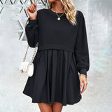 Dili Women's Clothing 2025 Spring And Summer Temperament Round Collar Long Sleeve Splicing Bump Color Dress