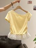 Red Oblique Shoulder Bow Design Sense Short-Sleeved T-Shirt For Women's New Lace Lace Splicing Tops In Summer 2026