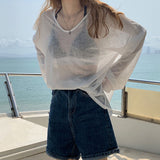Loose Large-Size Summer Thin Outer V-Neck Sunscreen Shirt T-Shirt T-Shirt Hooded T-Shirt Hooded Hooded Hooded Hooded Hooded Girl
