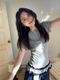 Unique Special To The Hem Splicing Into The Ears Of The Color Wood Around The Round Collar Collar T-Shirt Women Spring And Summer Pure Want To Hit The Bottom Of The Coat