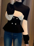 Gentle Little Fragrant Black And White Half-High Collar Lotus Side Long-Sleeved Sweater Knitted Women's Autumn And Winter Repair