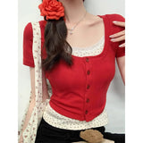 Vintage Red Knitted Shirt Half-Sleeved T-Shirt Women's Round Collar Front Shoulder Short Sleeve Small Top Summer