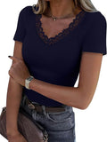 2025 Lace Splicing V-Neck Tight Solid Color Short-Sleeved T-Shirt Women's Summer New Pure Desire To Slim Top