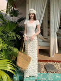 White Shoulder Short-Sleeved T-Shirt Gentle Style Suit Women's Summer Wooden Ear-Side Bag Hip Skirt Skirt Two-Piece Cover