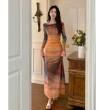 French Hottie Sunset Tie Dye Print Neckline Mesh Dress Femininity Slim Waist Thin Holiday Dress