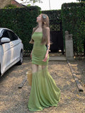 Net Yarn Spliced Green Sling Dress Women's Summer Fishtail Dress Design Feel-Bice Long Skirt