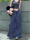 Blue Retro Lattice Slacks Wide Leggings Women Early Spring High-Waisted Lazy Style Trousers Straight Trousers Trousers