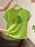 Korean Printing Slim Thin Round Neck T-Shirt 2026 Summer New Front Shoulder Design Short Top