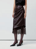 Temperament Sexy Lace Splicing Leather Skirt Design French Fashion Half-Body Hip Skirt