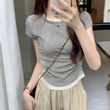 Right Shoulder Thin Fake Two Bumpy Round Neck Straight T-Shirt Girls Summer Irregular Folds To Sweet Spicy Small Blouse