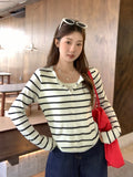 Apricot Stripe Splicing Two Long-Sleeved Knitted T-Shirt Women 2026 Early Autumn Folding Waist Top