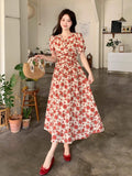 French Red V-Neck Bubble-Sleeved Dress Women's Summer 2026 New Waist Thin A-Character Temperament Dress