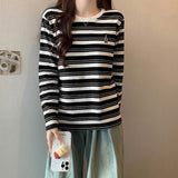 2026 Autumn New Design With A Chic Embroidered T-Shirt T-Shirt Women's Cotton Casual Striped Long-Sleeved Top