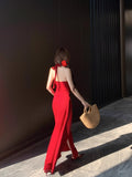Pure Wind Red Hanging Neck Dress Women's Spring New Sexy Open Fork Dress Bag Hip Dress